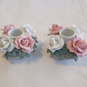 Vintage White & Pink Roses with green leaves, set of 2 Candle Stick Holders